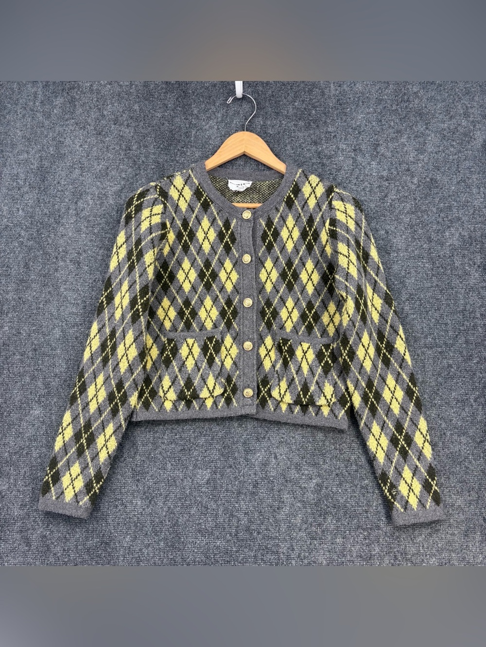Willow & Wind Gray & Yellow Argyle Cardigan Sweater Women’s XS Preppy Academia